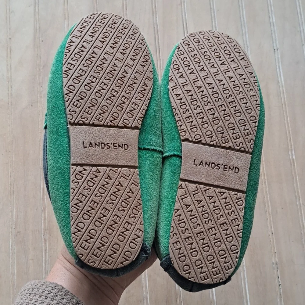 Lands' End Kids' Fuzzy Lined Suede Leather Moccasin Slippers Robot Design
